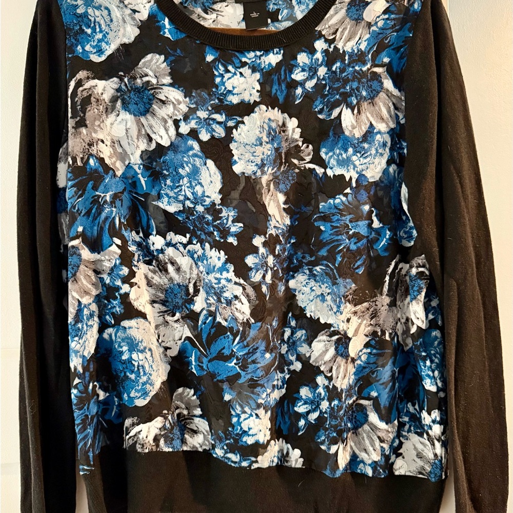 Ann Taylor Blk/Floral Semi Sheer Body Knit Sleeve Sweater, Sz L